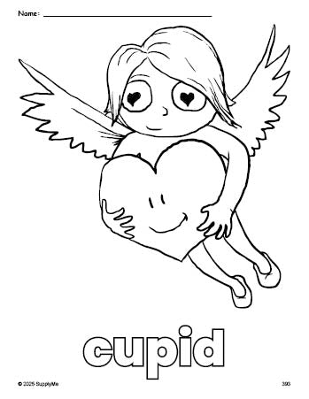 Free printable cupid Valentine's Day coloring page for preschool, pre-k, and kindergarten, PDF