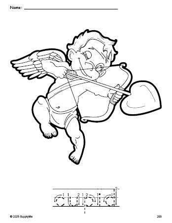 Free printable cupid Valentine's Day coloring page and word tracing worksheet, letter formation guides, perfect for preschool, pre-k, and kindergarten, PDF