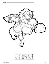 Free printable cupid Valentine's Day coloring page and word tracing worksheet, letter formation guides, perfect for preschool, pre-k, and kindergarten, PDF