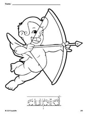 Free printable cupid Valentine's Day coloring page and word tracing worksheet, letter formation guides, perfect for preschool, pre-k, and kindergarten, PDF