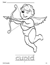 Free printable cupid Valentine's Day coloring page and word tracing worksheet, letter formation guides, perfect for preschool, pre-k, and kindergarten, PDF