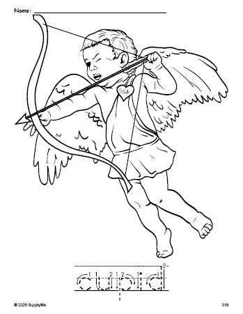 Free printable cupid Valentine's Day coloring page and word tracing worksheet, letter formation guides, perfect for preschool, pre-k, and kindergarten, PDF