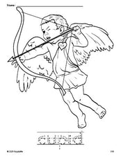 Free printable cupid Valentine's Day coloring page and word tracing worksheet, letter formation guides, perfect for preschool, pre-k, and kindergarten, PDF