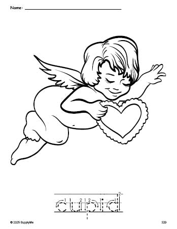 Free printable cupid Valentine's Day coloring page and word tracing worksheet, letter formation guides, perfect for preschool, pre-k, and kindergarten, PDF