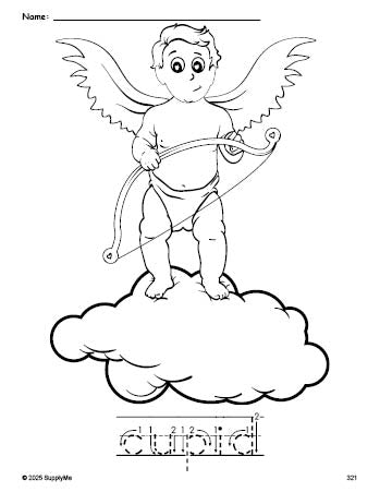 Free printable cupid Valentine's Day coloring page and word tracing worksheet, letter formation guides, perfect for preschool, pre-k, and kindergarten, PDF