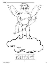 Free printable cupid Valentine's Day coloring page and word tracing worksheet, letter formation guides, perfect for preschool, pre-k, and kindergarten, PDF