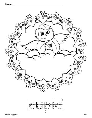 Free printable cupid Valentine's Day coloring page and word tracing worksheet, letter formation guides, perfect for preschool, pre-k, and kindergarten, PDF