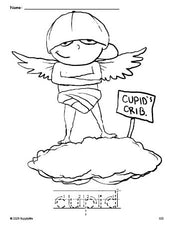 Free printable cupid Valentine's Day coloring page and word tracing worksheet, letter formation guides, perfect for preschool, pre-k, and kindergarten, PDF