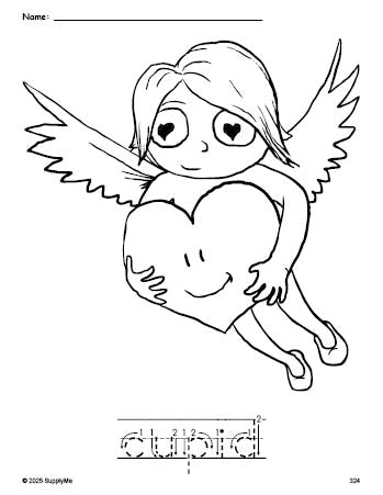 Free printable cupid Valentine's Day coloring page and word tracing worksheet, letter formation guides, perfect for preschool, pre-k, and kindergarten, PDF