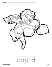 Free printable cupid Valentine's Day coloring page and word tracing worksheet, perfect for preschool, pre-k, and kindergarten, PDF