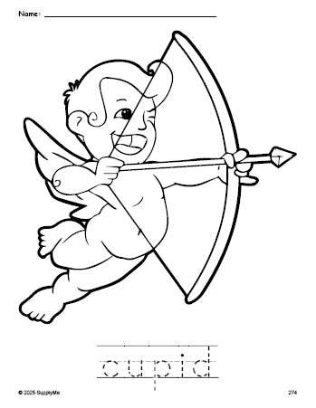 Free printable cupid Valentine's Day coloring page and word tracing worksheet, perfect for preschool, pre-k, and kindergarten, PDF