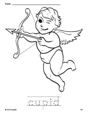 Free printable cupid Valentine's Day coloring page and word tracing worksheet, perfect for preschool, pre-k, and kindergarten, PDF