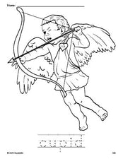 Free printable cupid Valentine's Day coloring page and word tracing worksheet, perfect for preschool, pre-k, and kindergarten, PDF