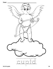 Free printable cupid Valentine's Day coloring page and word tracing worksheet, perfect for preschool, pre-k, and kindergarten, PDF