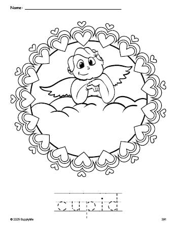 Free printable cupid Valentine's Day coloring page and word tracing worksheet, perfect for preschool, pre-k, and kindergarten, PDF