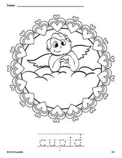 Free printable cupid Valentine's Day coloring page and word tracing worksheet, perfect for preschool, pre-k, and kindergarten, PDF