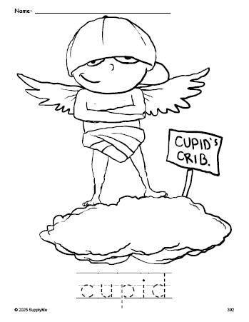 Free printable cupid Valentine's Day coloring page and word tracing worksheet, perfect for preschool, pre-k, and kindergarten, PDF