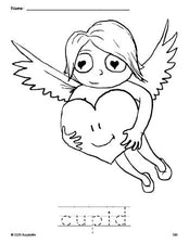 Free printable cupid Valentine's Day coloring page and word tracing worksheet, perfect for preschool, pre-k, and kindergarten, PDF