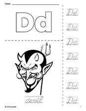 Free printable devil Halloween coloring page and cursive letter tracing worksheet, letter d worksheet for preschool, pre-k, and kindergarten, PDF