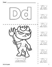 Free printable devil Halloween coloring page and cursive letter tracing worksheet, letter d worksheet for preschool, pre-k, and kindergarten, PDF