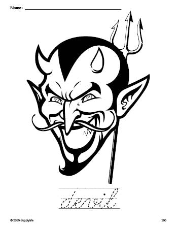 Free printable devil Halloween coloring page and cursive word tracing worksheet, perfect for preschool, pre-k, and kindergarten, PDF