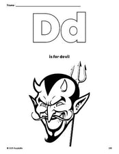 Free printable devil Halloween coloring page, letter d coloring page for preschool, pre-k, and kindergarten, PDF