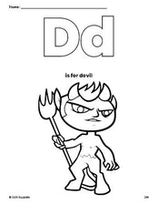 Free printable devil Halloween coloring page, letter d coloring page for preschool, pre-k, and kindergarten, PDF