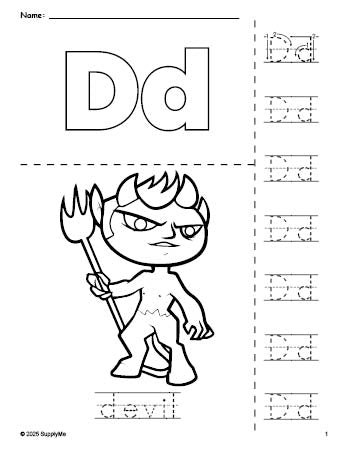 Free printable devil Halloween coloring page and letter tracing worksheet, letter d worksheet for preschool, pre-k, and kindergarten, PDF