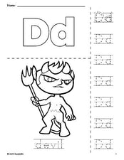 Free printable devil Halloween coloring page and letter tracing worksheet, letter d worksheet for preschool, pre-k, and kindergarten, PDF