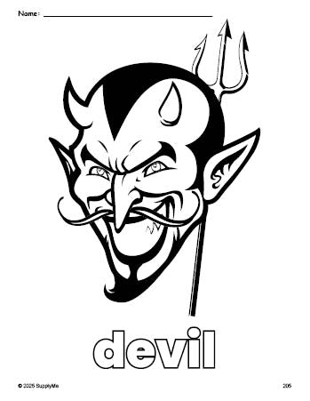 Free printable devil Halloween coloring page for preschool, pre-k, and kindergarten, PDF