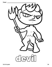 Free printable devil Halloween coloring page for preschool, pre-k, and kindergarten, PDF