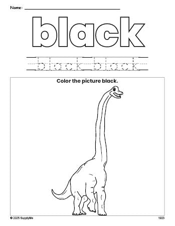 Free dinosaur color black coloring page and color worksheet, black worksheet for preschoolers to learn colors, printable PDF