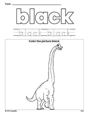 Free dinosaur color black coloring page and color worksheet, black worksheet for preschoolers to learn colors, printable PDF