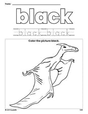 Free dinosaur color black coloring page and color worksheet, black worksheet for preschoolers to learn colors, printable PDF