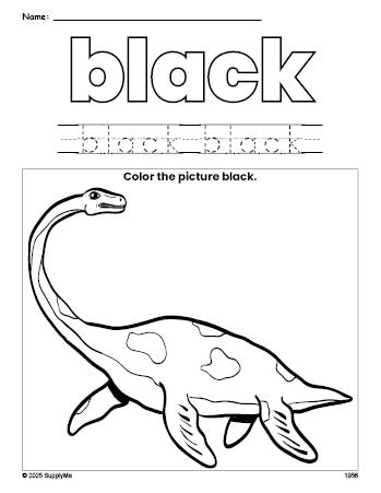 Free dinosaur color black coloring page and color worksheet, black worksheet for preschoolers to learn colors, printable PDF