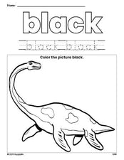 Free dinosaur color black coloring page and color worksheet, black worksheet for preschoolers to learn colors, printable PDF