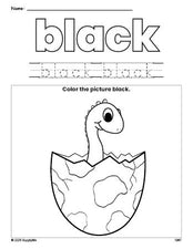 Free dinosaur color black coloring page and color worksheet, black worksheet for preschoolers to learn colors, printable PDF