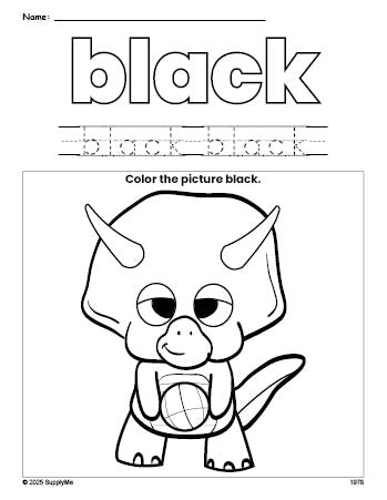 Free dinosaur color black coloring page and color worksheet, black worksheet for preschoolers to learn colors, printable PDF