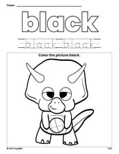 Free dinosaur color black coloring page and color worksheet, black worksheet for preschoolers to learn colors, printable PDF