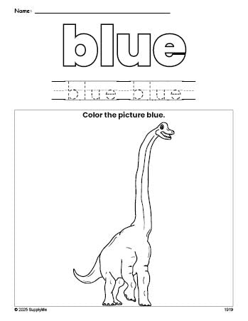 Free dinosaur color blue coloring page and color worksheet, blue worksheet for preschoolers to learn colors, printable PDF