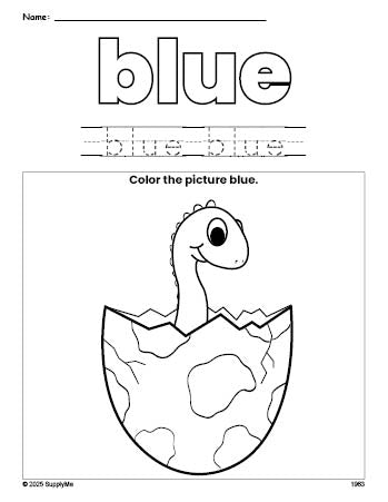 Free dinosaur color blue coloring page and color worksheet, blue worksheet for preschoolers to learn colors, printable PDF