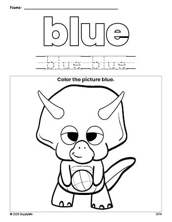 Free dinosaur color blue coloring page and color worksheet, blue worksheet for preschoolers to learn colors, printable PDF