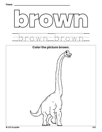 Free dinosaur color brown coloring page and color worksheet, brown worksheet for preschoolers to learn colors, printable PDF