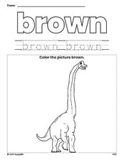 Free dinosaur color brown coloring page and color worksheet, brown worksheet for preschoolers to learn colors, printable PDF