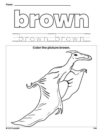 Free dinosaur color brown coloring page and color worksheet, brown worksheet for preschoolers to learn colors, printable PDF