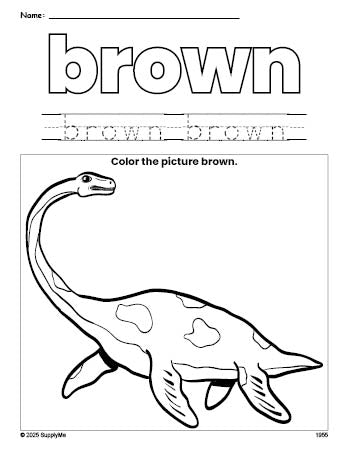 Free dinosaur color brown coloring page and color worksheet, brown worksheet for preschoolers to learn colors, printable PDF