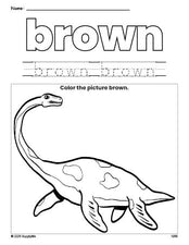 Free dinosaur color brown coloring page and color worksheet, brown worksheet for preschoolers to learn colors, printable PDF