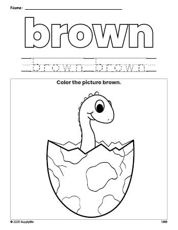 Free dinosaur color brown coloring page and color worksheet, brown worksheet for preschoolers to learn colors, printable PDF