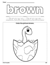 Free dinosaur color brown coloring page and color worksheet, brown worksheet for preschoolers to learn colors, printable PDF