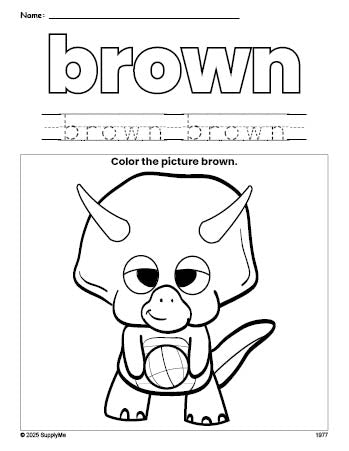 Free dinosaur color brown coloring page and color worksheet, brown worksheet for preschoolers to learn colors, printable PDF